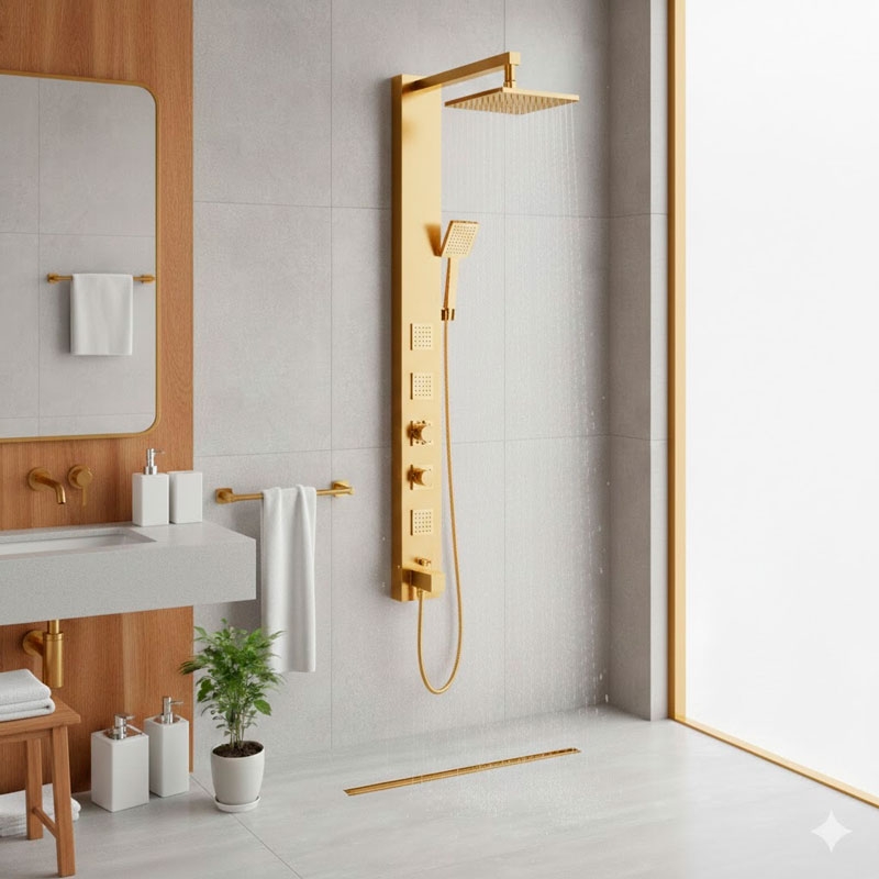 Casa de banho moderna com acabamentos em inox PVD